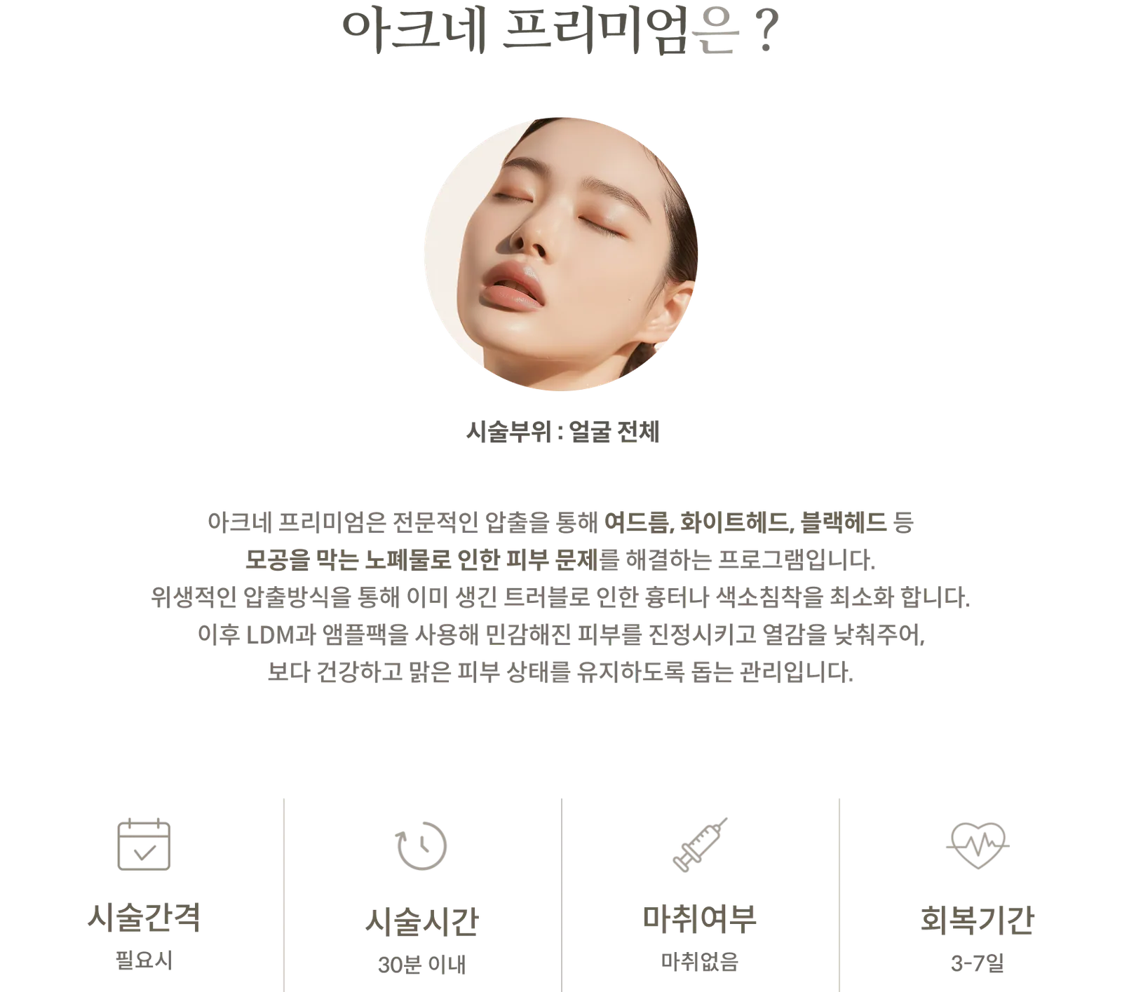 Acne Premium treatment Information Panel: treatment Area: Entire face, LDM and ampoule pack care following professional extraction, treatment intervals as needed, treatment time: Within 30 minutes, No anesthesia, Recovery period: 3–7 days