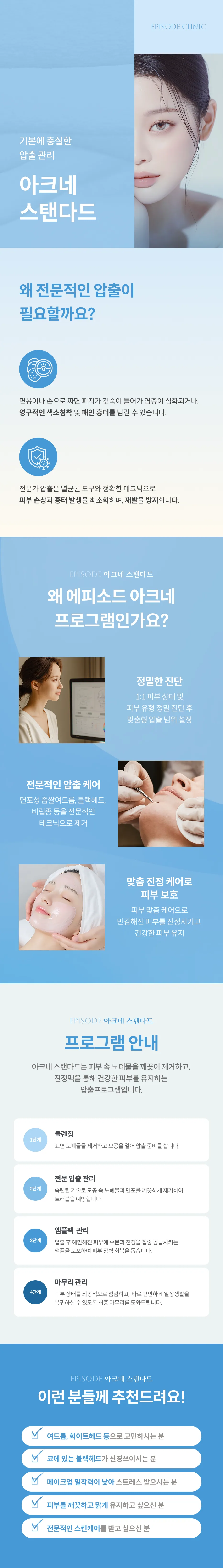 Acne Standard Detailed Guide: Extraction care true to the basics, why professional extraction is necessary, 4-step program (Cleansing, Professional Extraction, Ampoule Pack Treatment, Finishing Care), Eligibility Guide