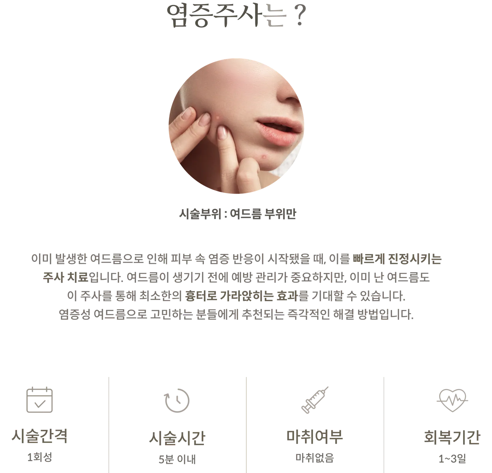 Anti-inflammatory Injection treatment Information Panel: treatment Area: Acne area only, Description of injection treatment to soothe inflammatory response, treatment Interval: Single-time, treatment Time: Within 5 minutes, No anesthesia, Recovery Period: 1–3 days