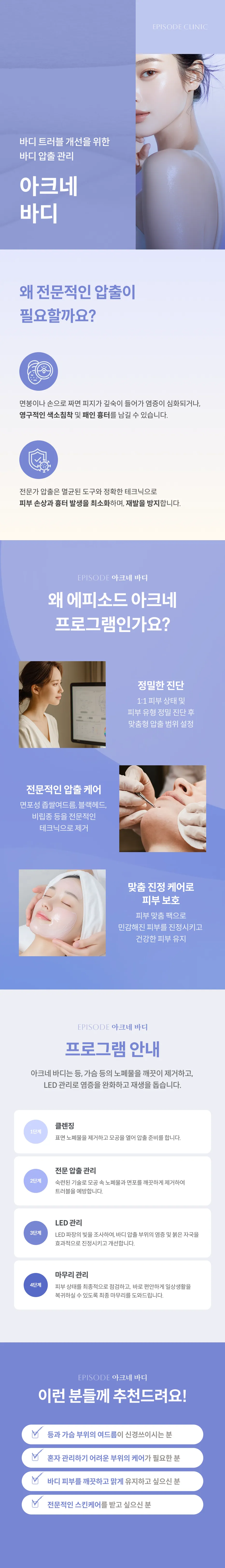 AcneBody Detailed Guide: Body Extraction Management for Body Troubles, Why Professional Extraction Is Necessary, Precise Diagnosis and Extraction Care, 4-Step Program (Cleansing, Professional Extraction Management, LED Treatment, Finishing Care), Eligibility Guide