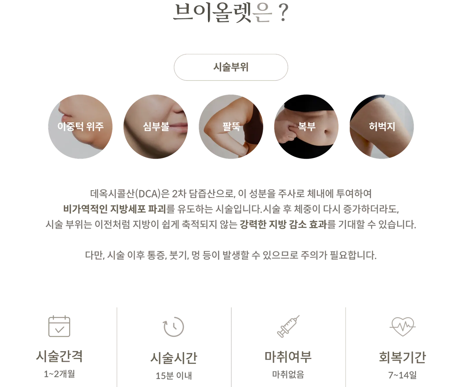V-Olelet treatment Information Panel: treatment Areas: Primarily double chin, deep cheek, upper arms, abdomen, thighs; Explanation of Deoxycholic Acid (DCA) ingredient; treatment Interval: 1–2 months; treatment Time: Within 15 minutes; No Anesthesia; Recovery Period: 7–14 days