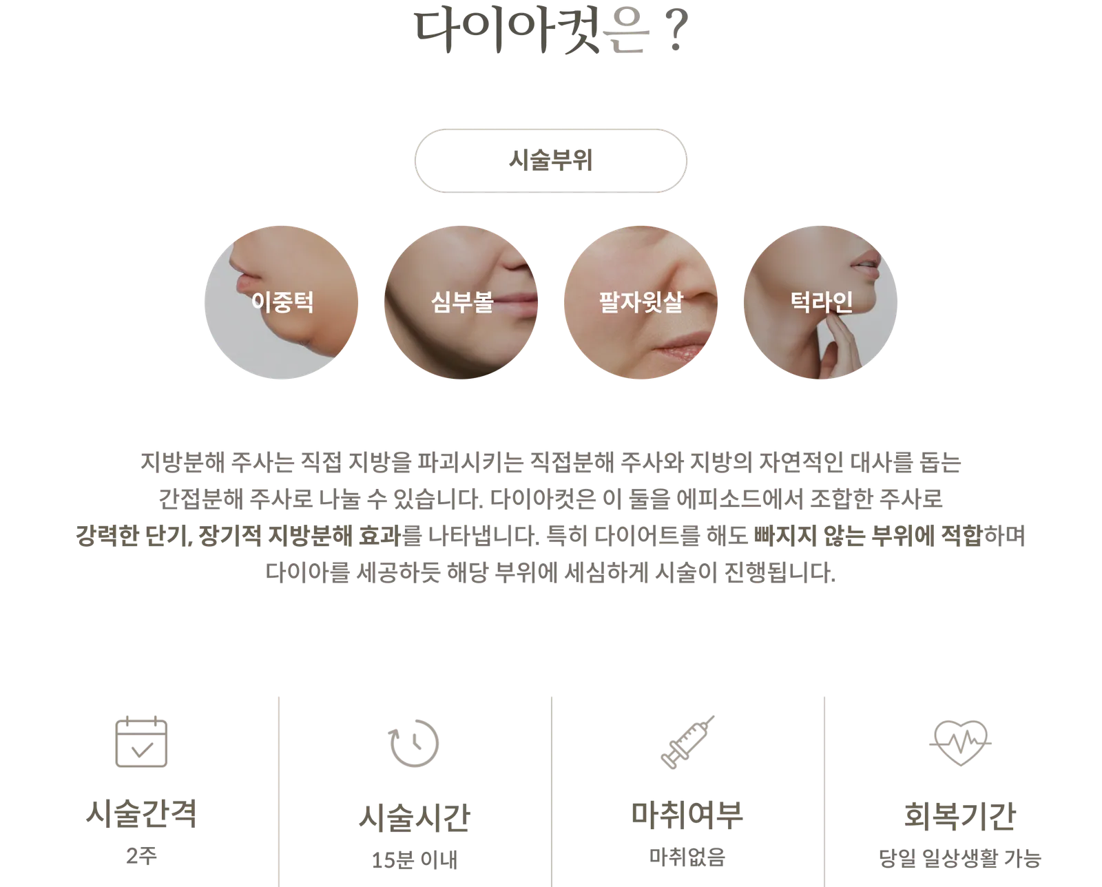 Diamond Cut treatment Information Panel: treatment Areas: Double chin, deep cheek, upper nasolabial fat, jawline, combination of direct and indirect dissolution injections, treatment interval: 2 weeks, treatment time: within 15 minutes, no anesthesia, daily activities possible on the same day.