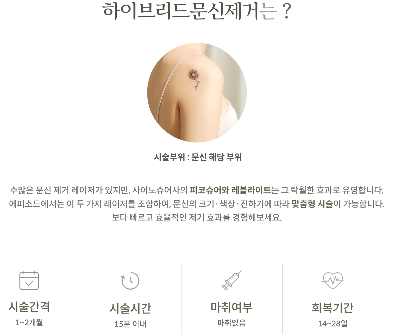 Hybrid Tattoo Removal treatment Information Panel: PicoSure and Revlite combination, treatment area: Tattooed area, treatment interval: 1–2 months, treatment time: within 15 minutes, Anesthesia applied, Recovery period: 14–28 days