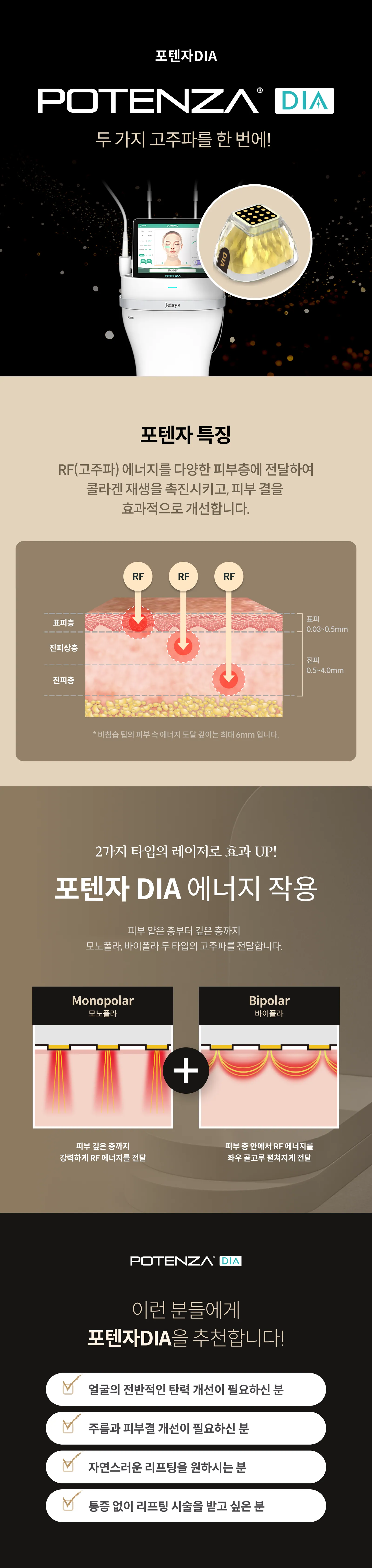 POTENZA DIA Detailed Guide: Two radio frequencies in one, Potenza features (RF energy delivery per skin layer), monopolar and bipolar energy action, target audience information