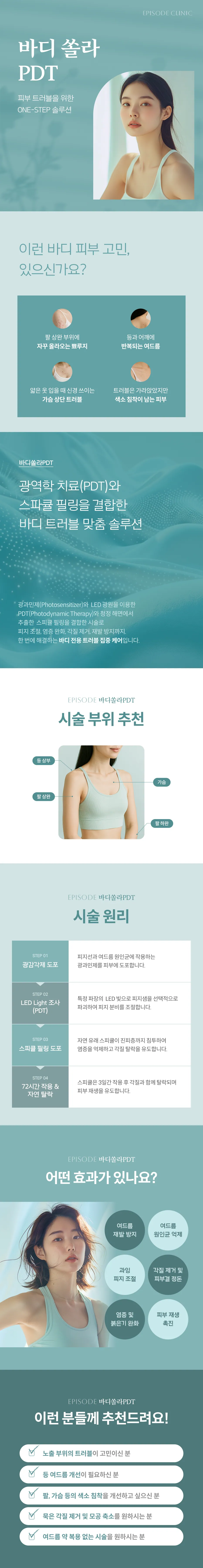 Body Solar PDT Detailed Guide: 4 Body Skin Concerns, Explanation of the Combination of PDT and Spicule Peeling, Recommended treatment Sites (Upper Back, chest, Upper Arm, Lower Arm), 4 Steps of treatment Principle, 6 Effects, Guide to 5 Target Groups