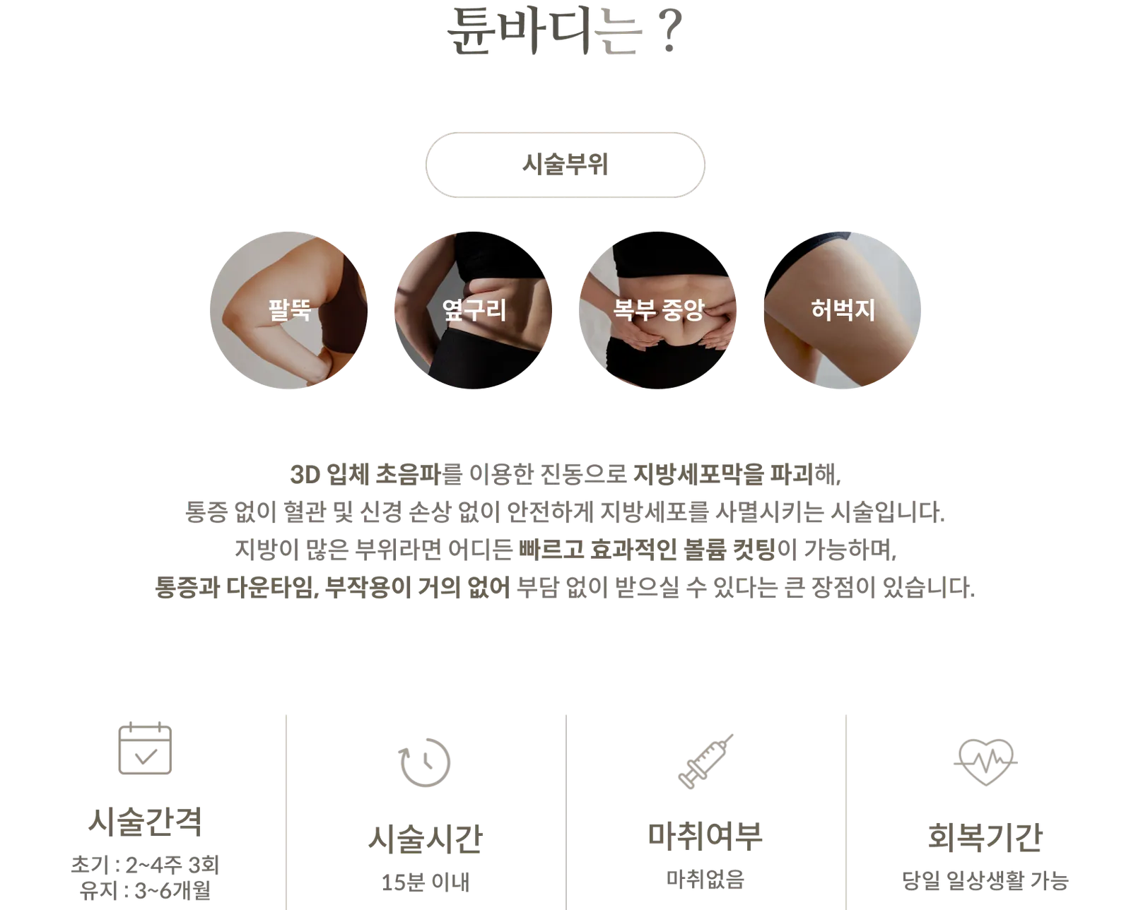 TuneBody treatment Information Panel: treatment Areas: Upper arms, flanks, central abdomen, thighs; Fat cell membranes destroyed using 3D ultrasound; treatment Interval: Initial 3 sessions at 2–4 weeks, Maintenance 3–6 months; treatment Time: Within 15 minutes; No anesthesia; Return to daily life possible on the same day.