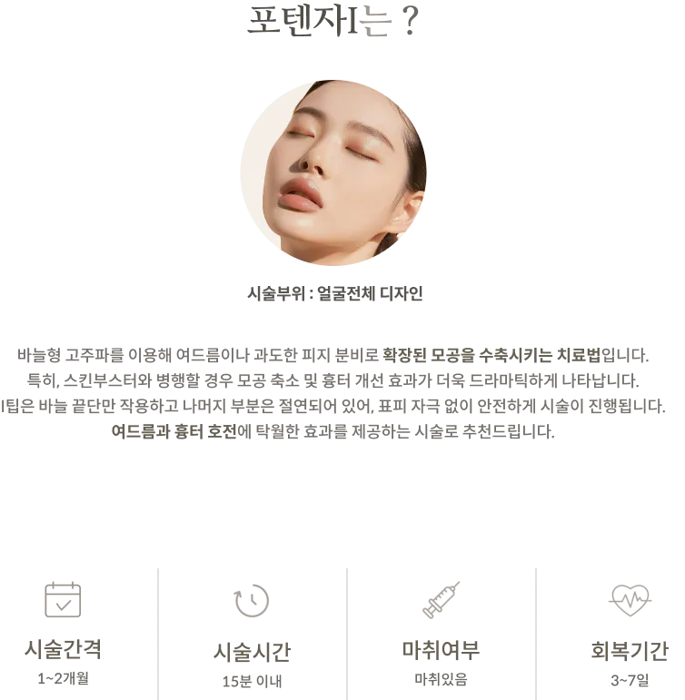 Potenza I treatment Information Panel: treatment Area: Full face design, Explanation of needle-type radiofrequency and insulated I-tip, treatment interval: 1–2 months, treatment time: Within 15 minutes, Anesthesia applied, Recovery period: 3–7 days