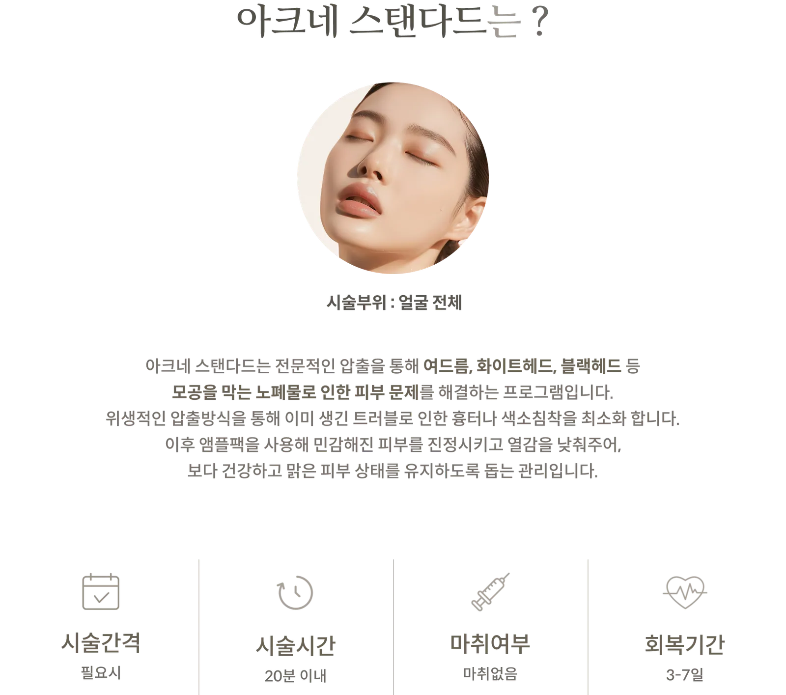 Acne Standard treatment Information Panel: treatment Area: Entire face, Ampoule pack care following professional extraction, treatment interval as needed, treatment time: Within 20 minutes, No anesthesia, Recovery period: 3–7 days