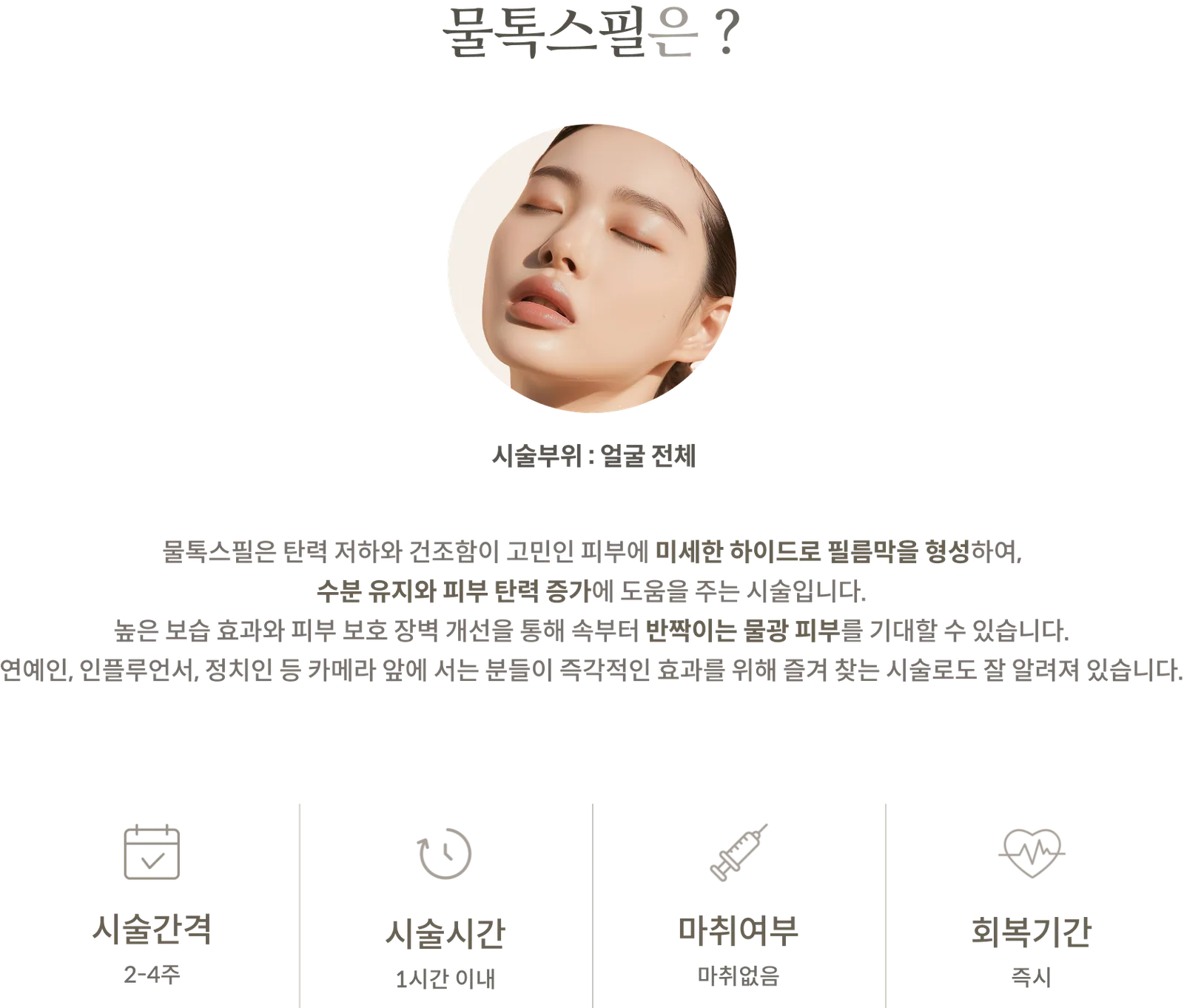Multox Peel treatment Information Panel: treatment Area: Entire face, Explanation of hydrofilm, treatment Interval: 2-4 weeks, treatment Time: Within 1 hour, No anesthesia, Recovery Period: Immediate