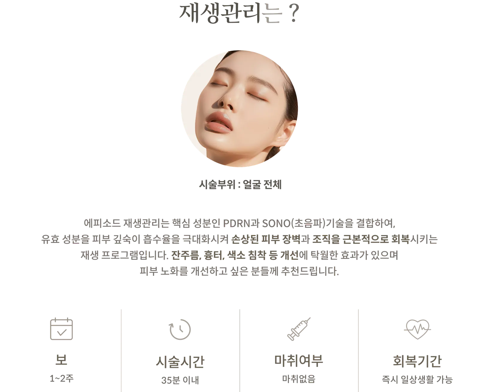 Regenerative Care treatment Information Panel: treatment Area: Entire face, Combination of PDRN and SONO (ultrasound), treatment Interval: 1–2 weeks, treatment Time: Within 35 minutes, No Anesthesia, Recovery Period: Immediate return to daily life