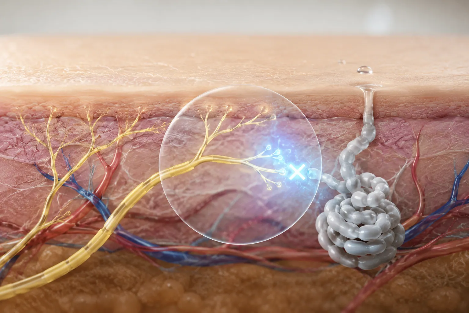 Sweat gland nerve signal blocking action
