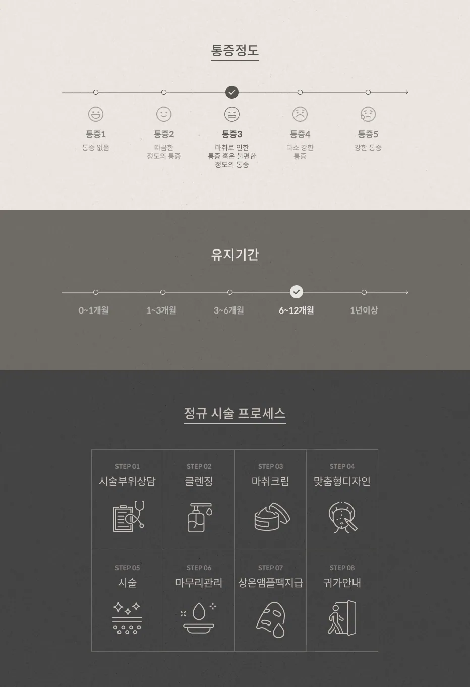 THERMAGE pain level: 3 (pain due to anesthesia), duration: 6–12 months, Standard treatment process: 8 steps: consultation of treatment area, cleansing, anesthetic cream, customized design, treatment, finishing care, provision of room temperature ampoule pack, instructions for discharge.